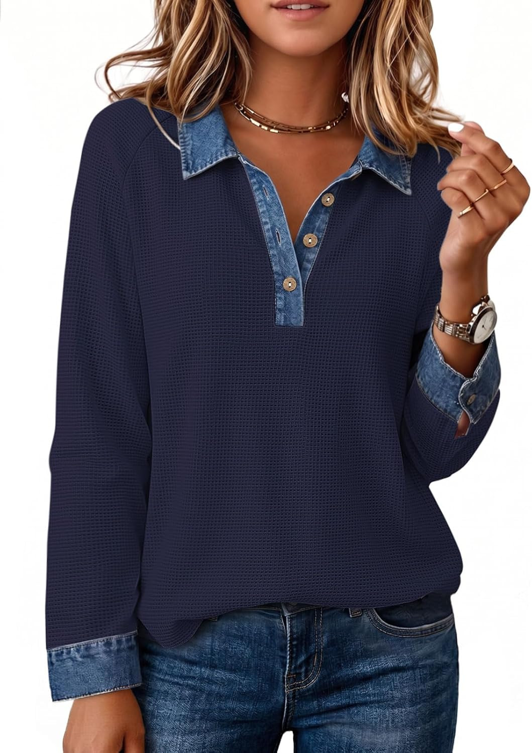 Soesdemo Women Waffle Denim Sweatshirts Fall Casual Knit Polo Sweatshirt | Amazon (US)