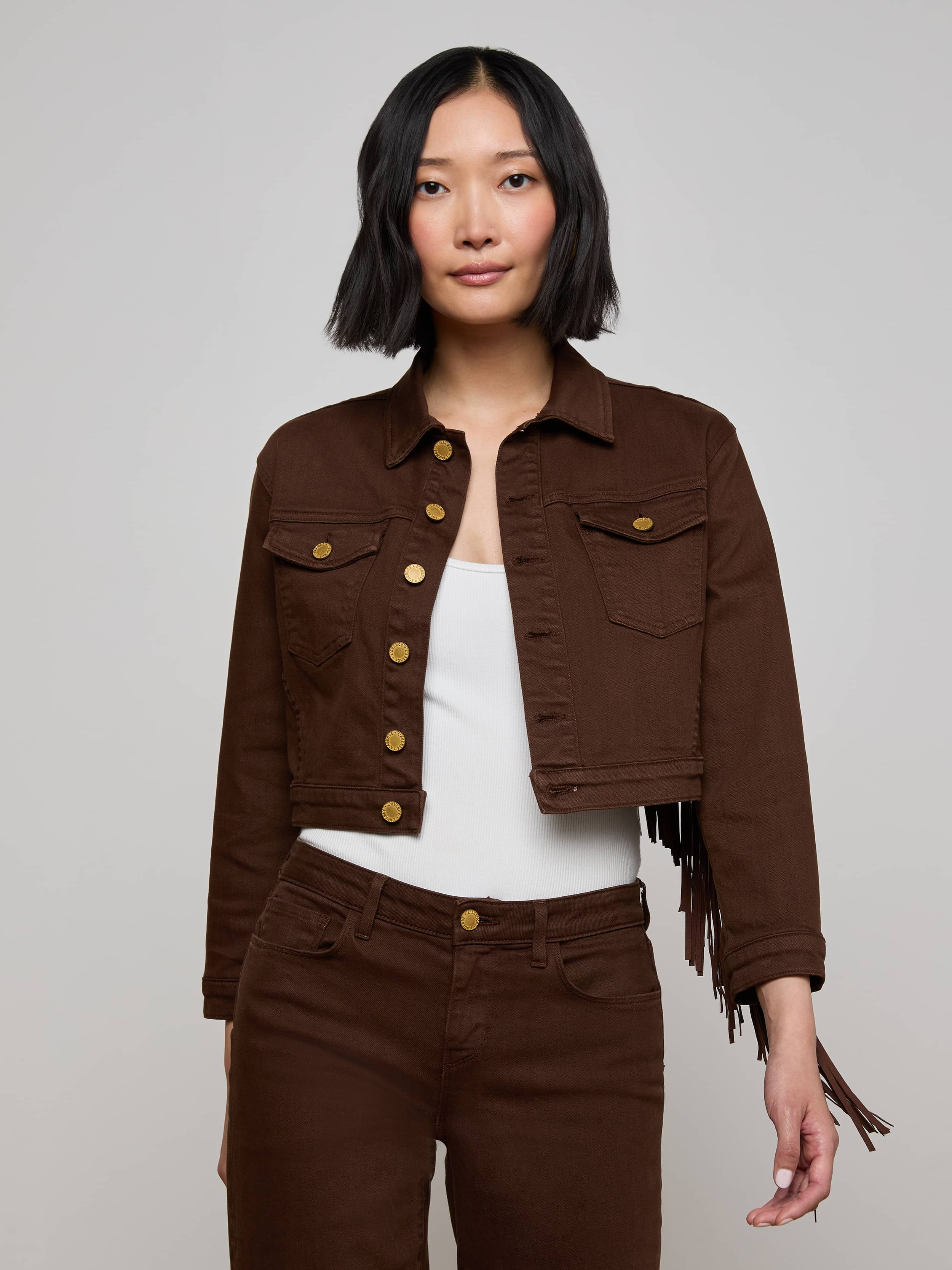 Koda Fringe Jean Jacket in Brown | L'AGENCE | L'Agence