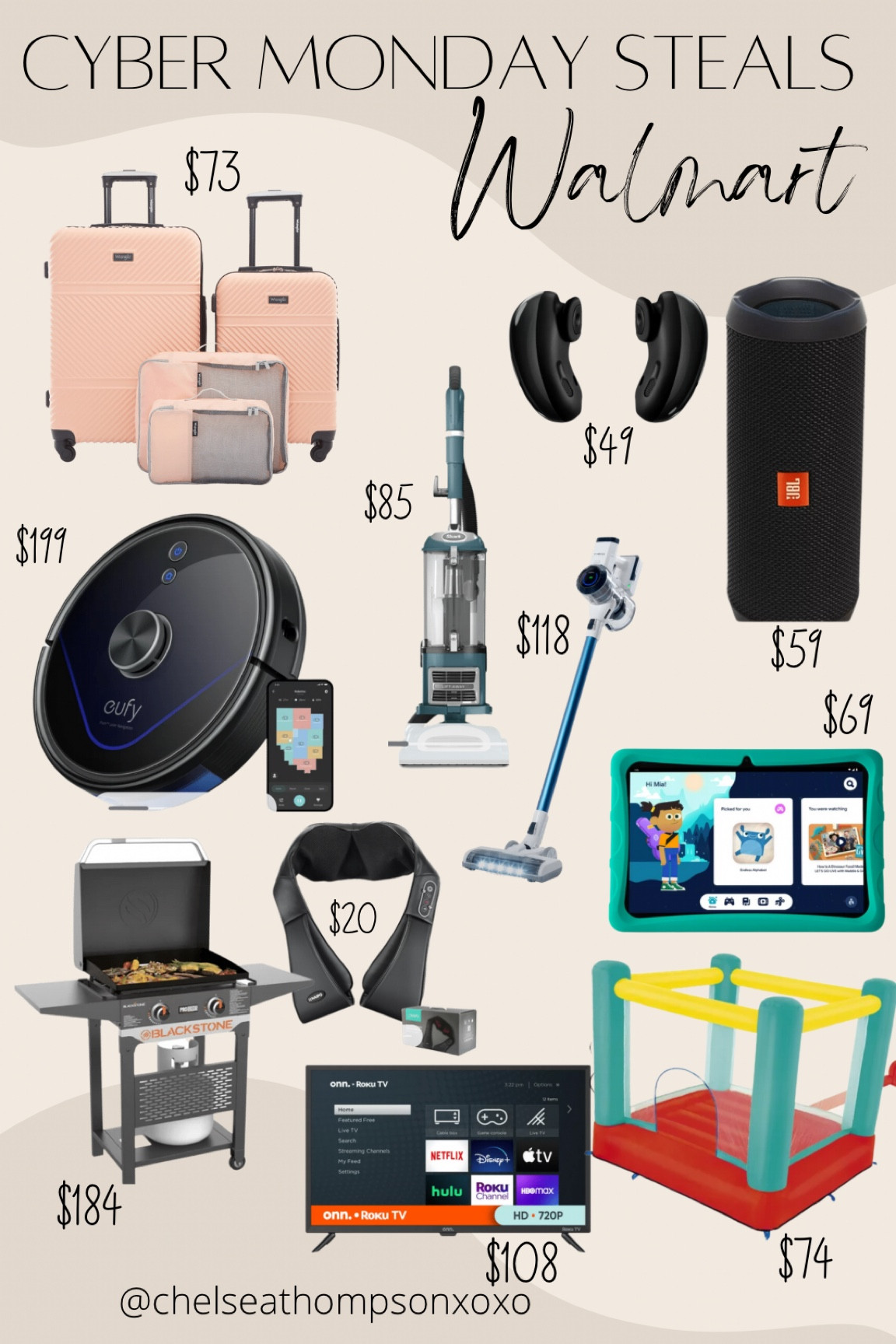 Walmart cyber Monday deals!

Luggage, robot vacuum, earbuds, tablet, speaker, bounce jumper, massager, tv, grill, air fryer, kids toys

#LTKCyberweek #LTKHoliday #LTKGiftGuide