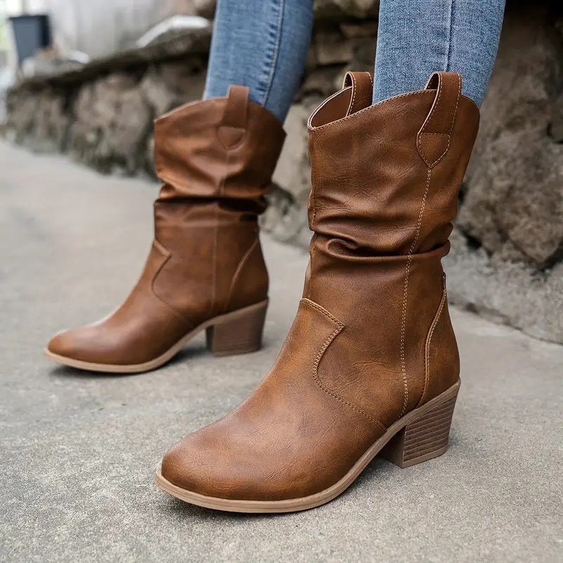 Women's Solid Color Western Boots Fashion Chunky Heel Cowboy - Temu | Temu Affiliate Program