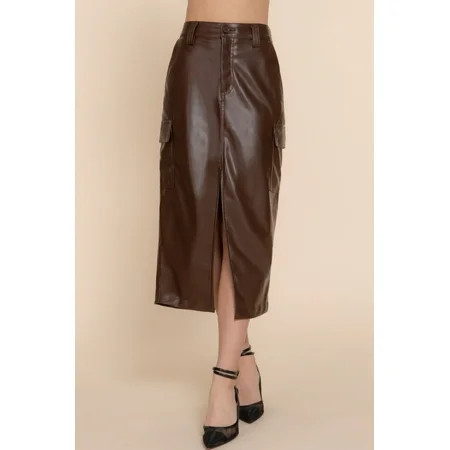 Saronite Solid Faux Leather Sides Pockets Midi Cargo Skirt Brown (Women s) | Walmart (US)