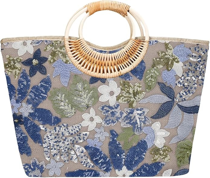 Sister Amy® Elegant Sequin-Embroidered Woven Tote Bag - Stylish Summer Beach Shoulder Handbag fo... | Amazon (US)