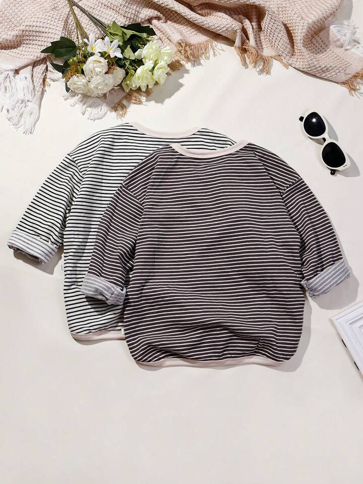 2pcs All-Match Striped Long Sleeve Round Neck Casual Essential T-Shirts For Toddler Boys, Girls A... | SHEIN