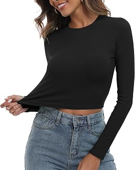 Artfish Women's Round Neck Long Sleeve Knit Ribbed Fitted Crop Top Casual Basic Shirts | Amazon (US)