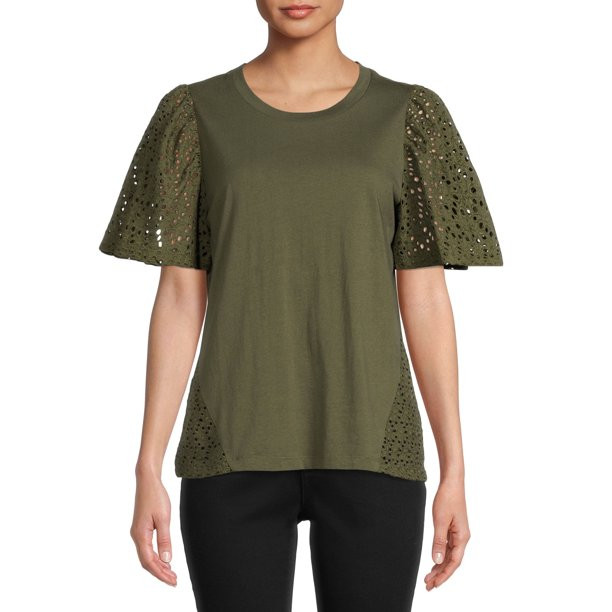 Time and Tru Women’s Eyelet Sleeve Knit Top - Walmart.com | Walmart (US)