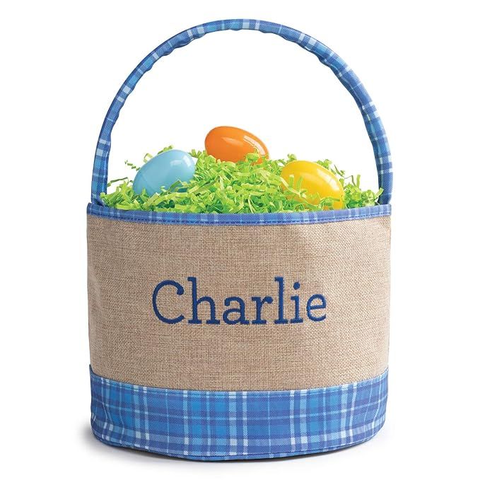 Personalized Easter Bucket Bag with Custom Name | Blue Plaid Burlap Easter Bag with Handle | Egg ... | Amazon (US)