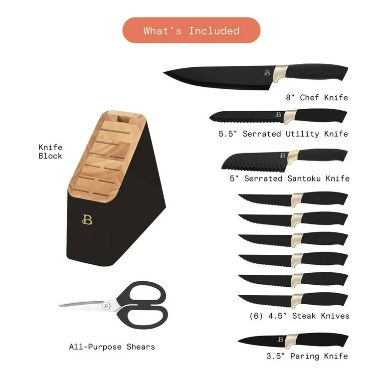 Beautiful 12 Piece Stainless Steel Knife Set Block Soft Grip Handles Black Sesame by Drew Barrymo... | Walmart (US)