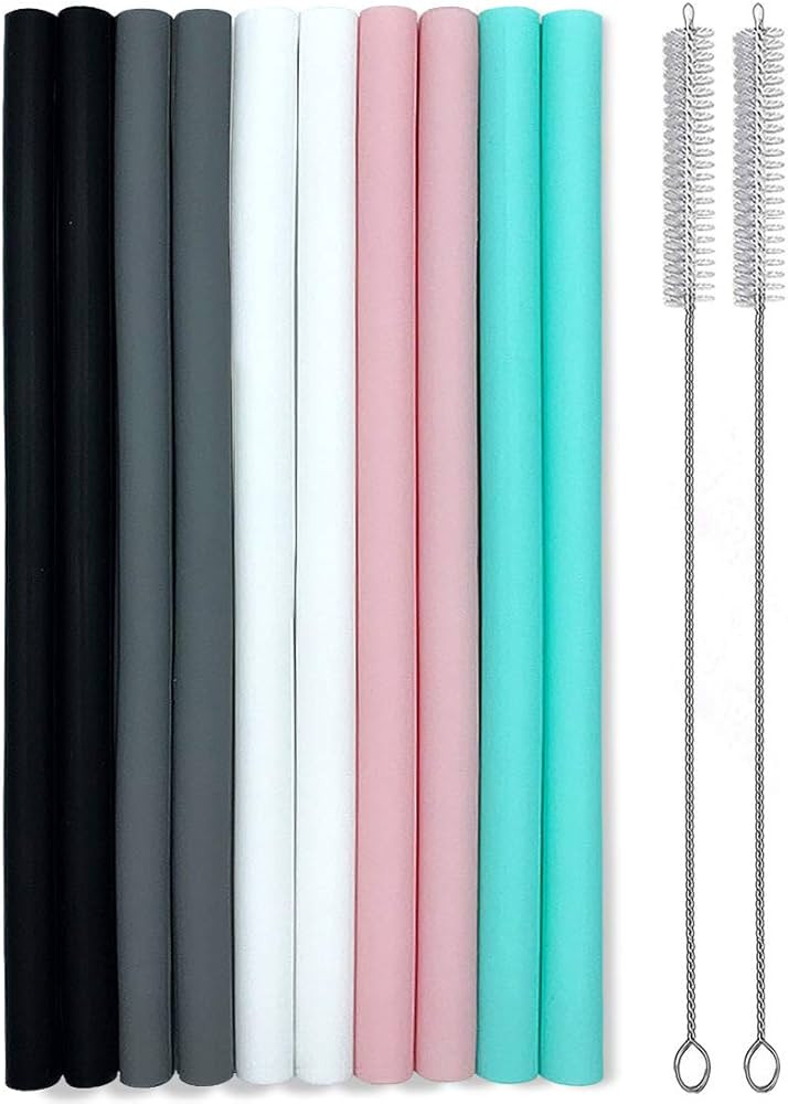 Silicone Straws Set of 10 Straight Smoothies Straws Large Silicon Reusable Drinking Straws with C... | Amazon (US)