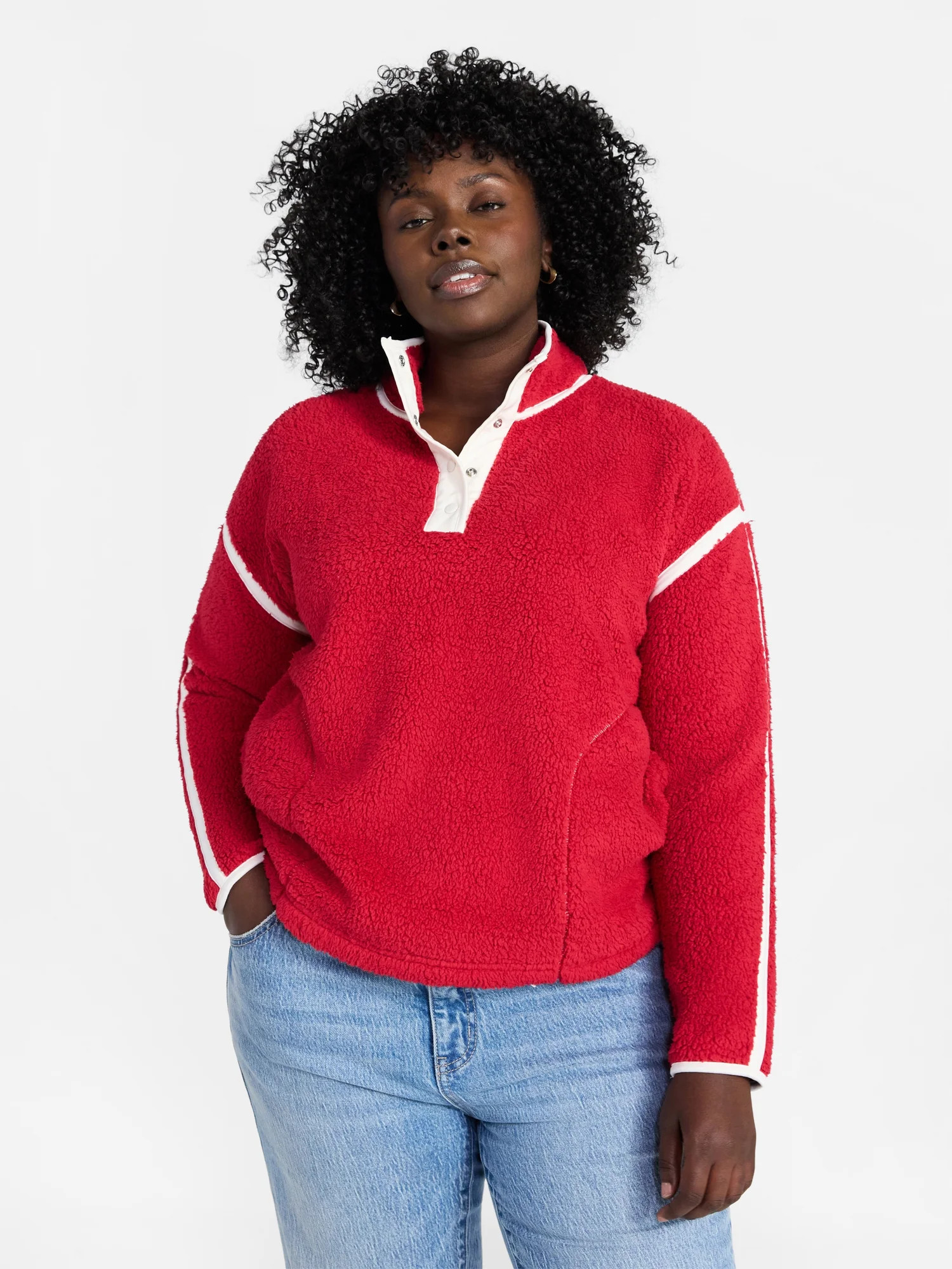 Terra & Sky Women's Plus Size Faux Shearling Quarter Snap Pullover, Sizes 0X-4X | Walmart (US)