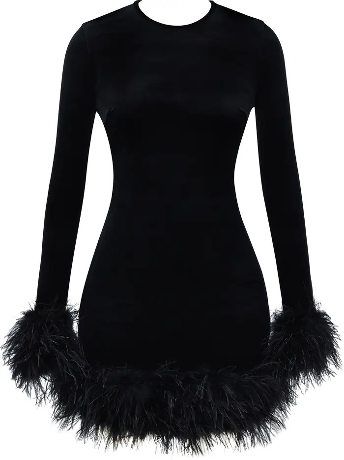 Lavinia Feather Trim Long Sleeve Velvet Minidress | Nordstrom