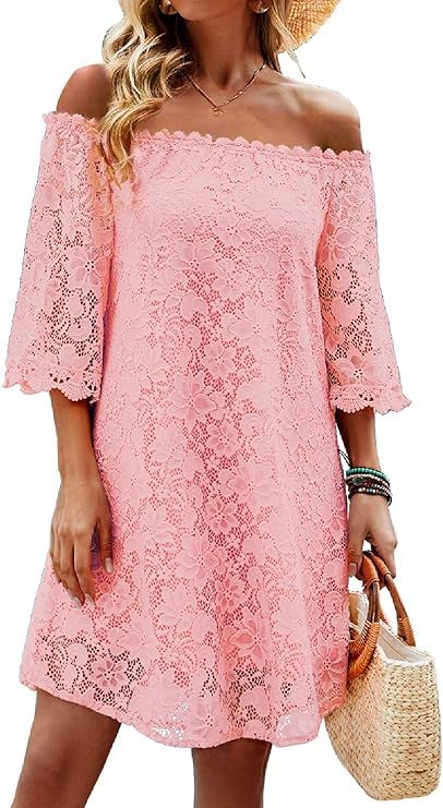 Supnier Womens Summer Dresses Off The Shoulder Crochet Lace Casual Loose Flowy Shift Dress Short ... | Amazon (US)