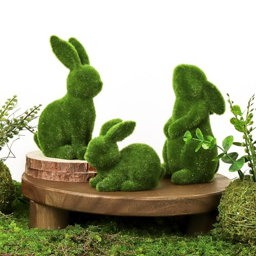 Easter Decorations Bunny Decor: Moss Flocked Resin Rabbit Figurines Set of 3, Green Furry Easter ... | Amazon (US)