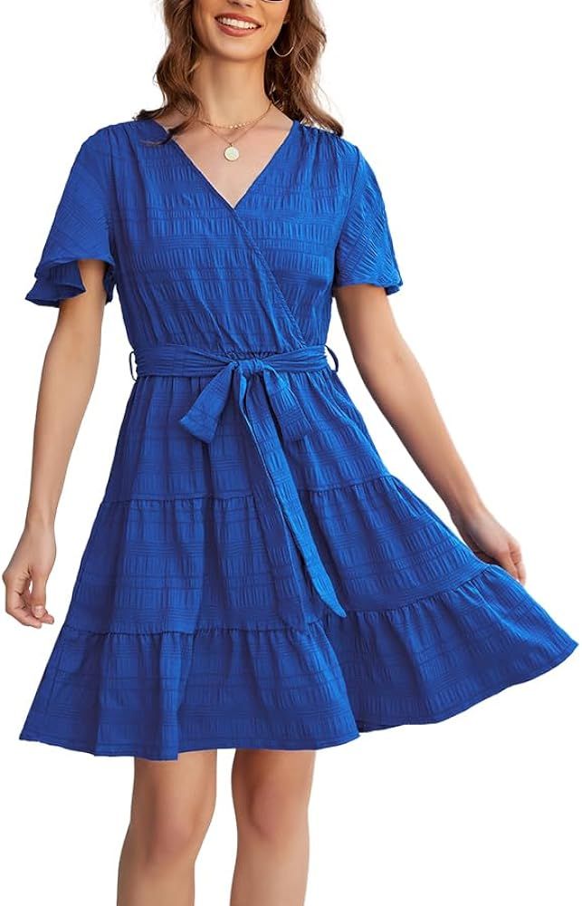 NANYUAYA Womens Short Sleeve A Line Mini Dress Summer Casual Wrap V Neck Flowy Dress 2024 Ruffle ... | Amazon (US)