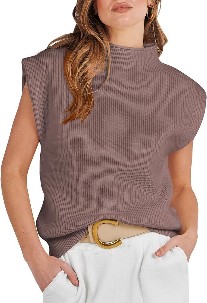 ANRABESS Womens Mock Neck Cap Sleeve Sweater Casual Turtlenecks Sleeveless Knit Pullover Tops 202... | Amazon (US)