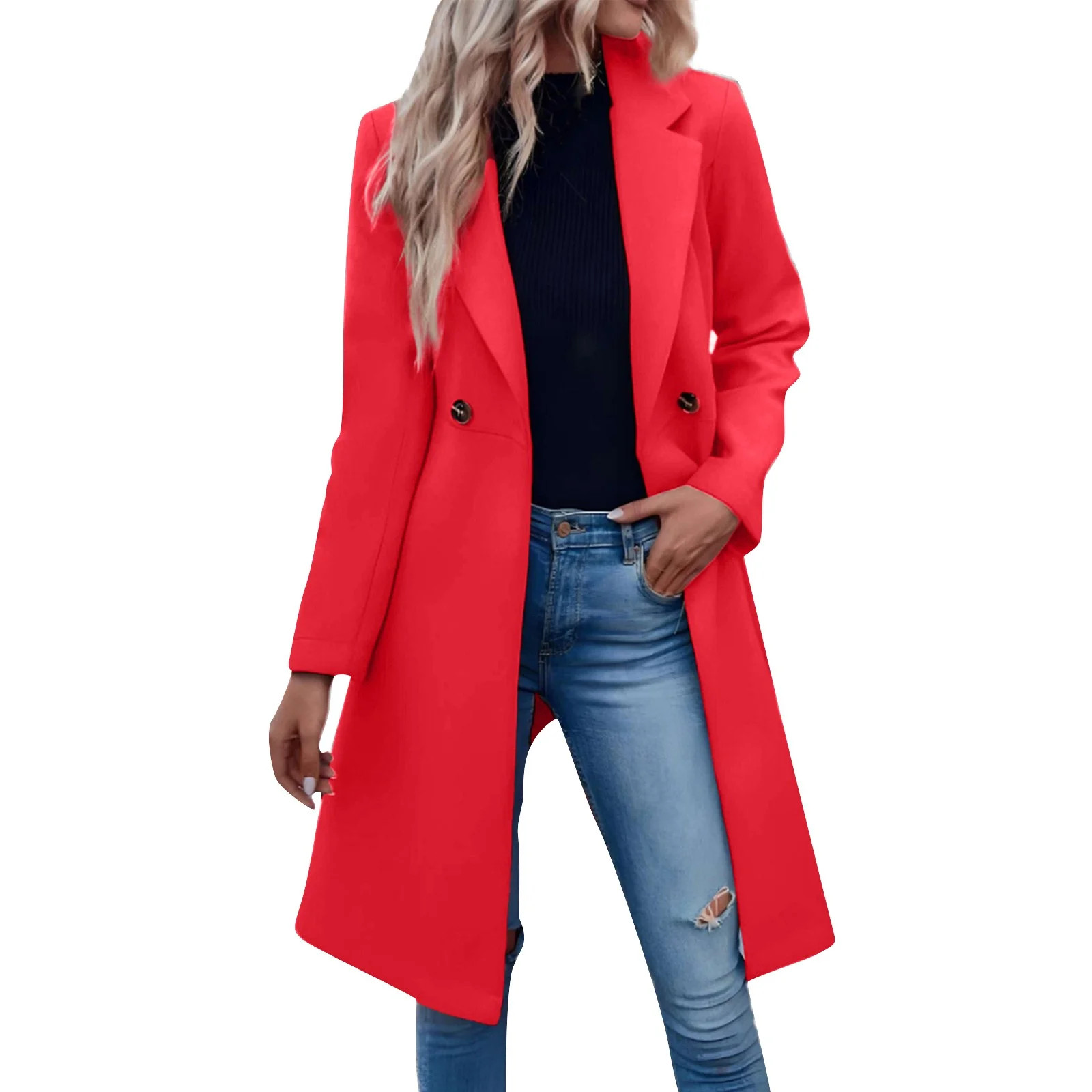 Women's Double-Breasted Long Coat Stylish Red Overcoat for Winter, Warm and Elegant Outerwear | Walmart (US)