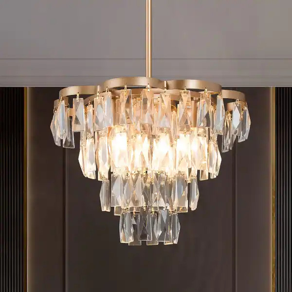 Modern Glam Gold Tiered Crystal Chandelier Transitional Drum Foyer Pendant for Dining Room - 14.1... | Bed Bath & Beyond