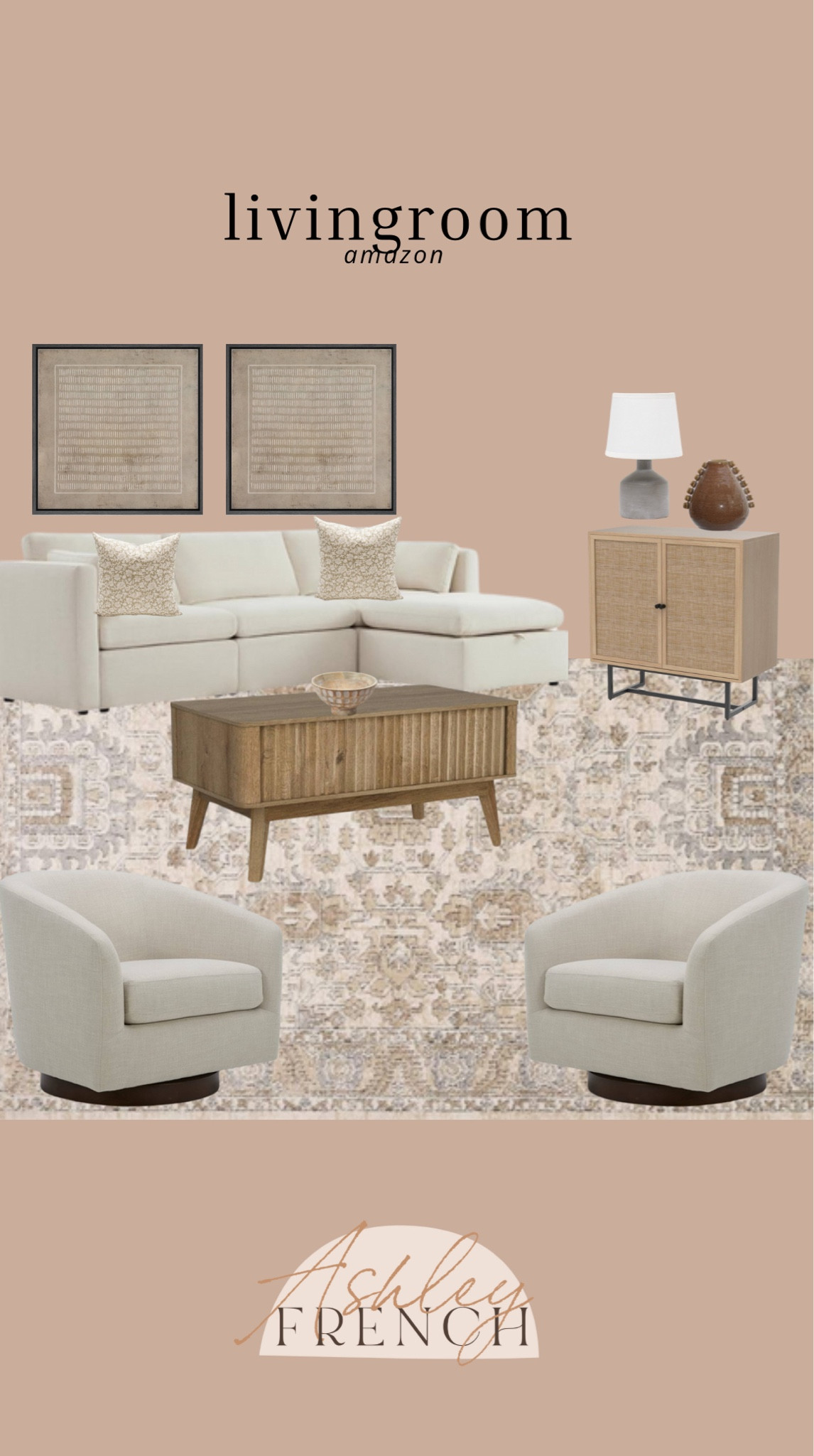 Living room design, all from Amazon.





Wall art, couch, rug, coffee table, cabinet, accent chair, throw pillows, table lamp, vase, Amazon home decor, Amazon home furniture 

#LTKHome