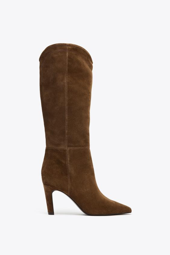 STITCHED SPLIT SUEDE HEELED BOOTS | Zara US