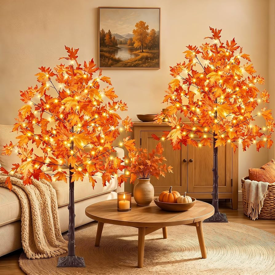 2 Pack 5FT 200 LED Lighted Maple Tree, Artificial Fall Tree Outdoor/Indoor | Amazon (US)