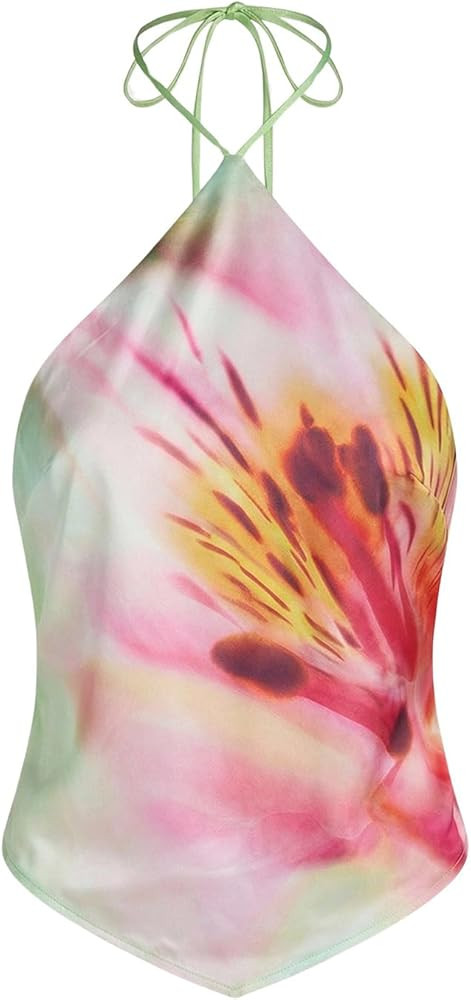 Verdusa Women's Floral Satin Halter Top Boho Rave Tie Backless Going Out Tops | Amazon (US)