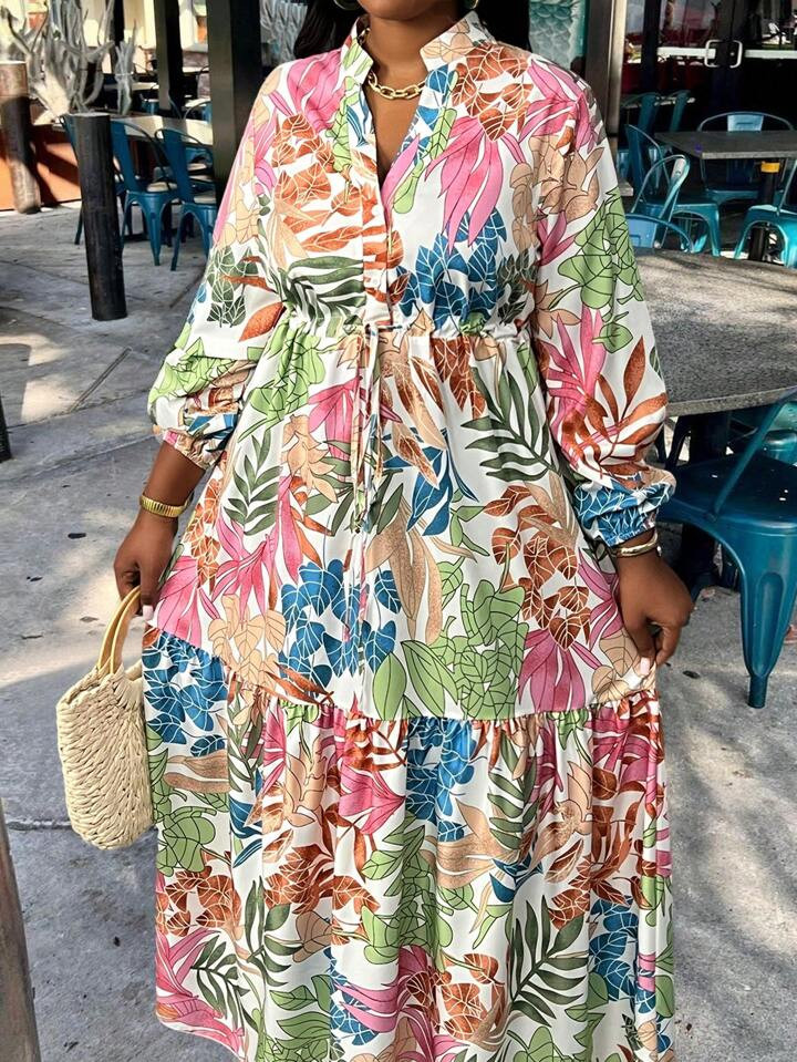Slaydiva Plus Size Floral Print Lantern Sleeve Dress,Beach Dress Sundress,Holiday Outfits Boho | SHEIN