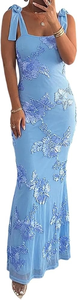 CHICME Women 3D Floral Maxi Dress Square Neck Prom Dress Adjustable Strap Bodycon Vacation Dress ... | Amazon (US)