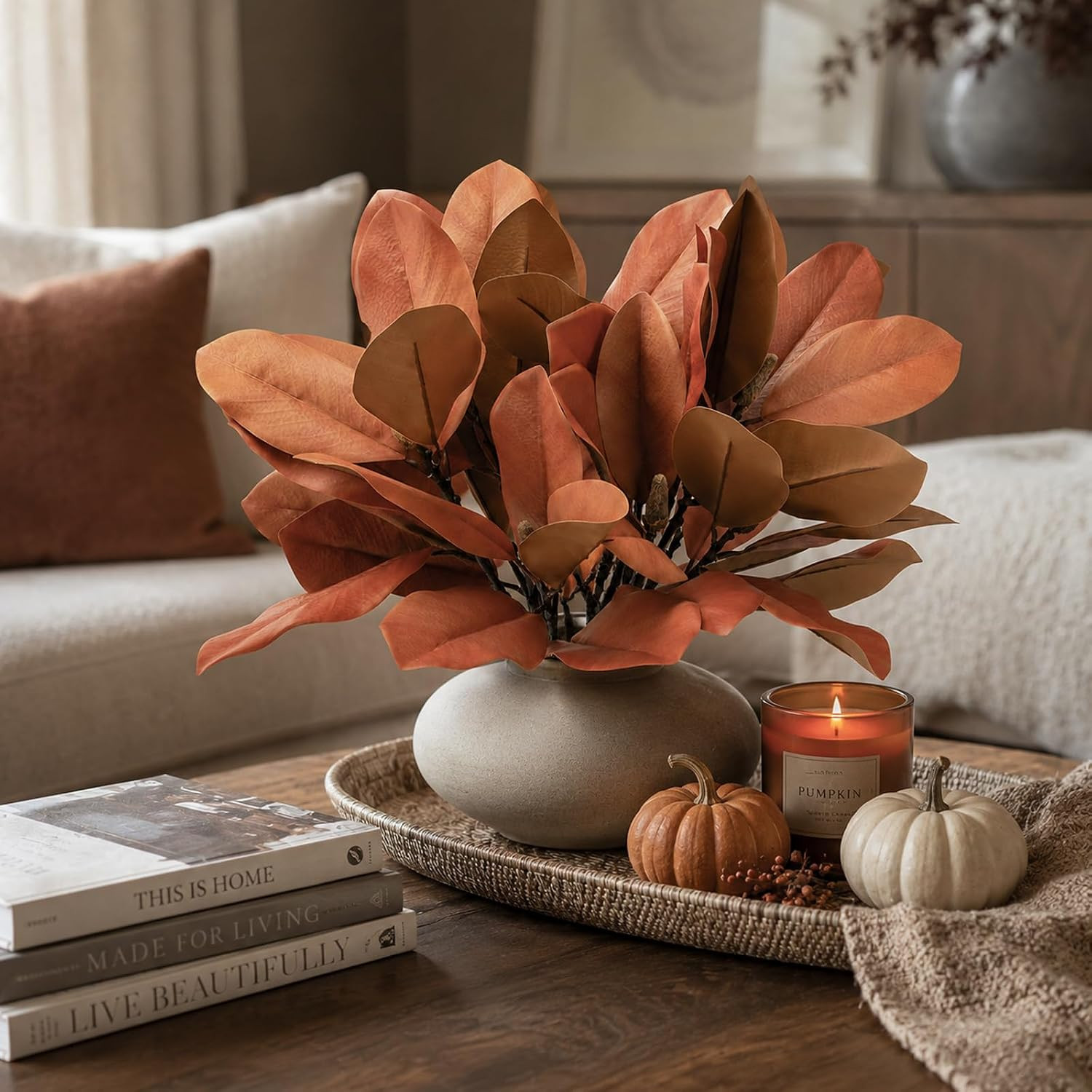 4 Pcs Fall Magnolia Silk Leaves Branches 25.6 Inch 3D Real Touch Autumn Faux Magnolia Stems Fake Orange Leaves Twigs for Indoor Outdoor Vase Filling Home Wedding Decoration | Amazon (US)