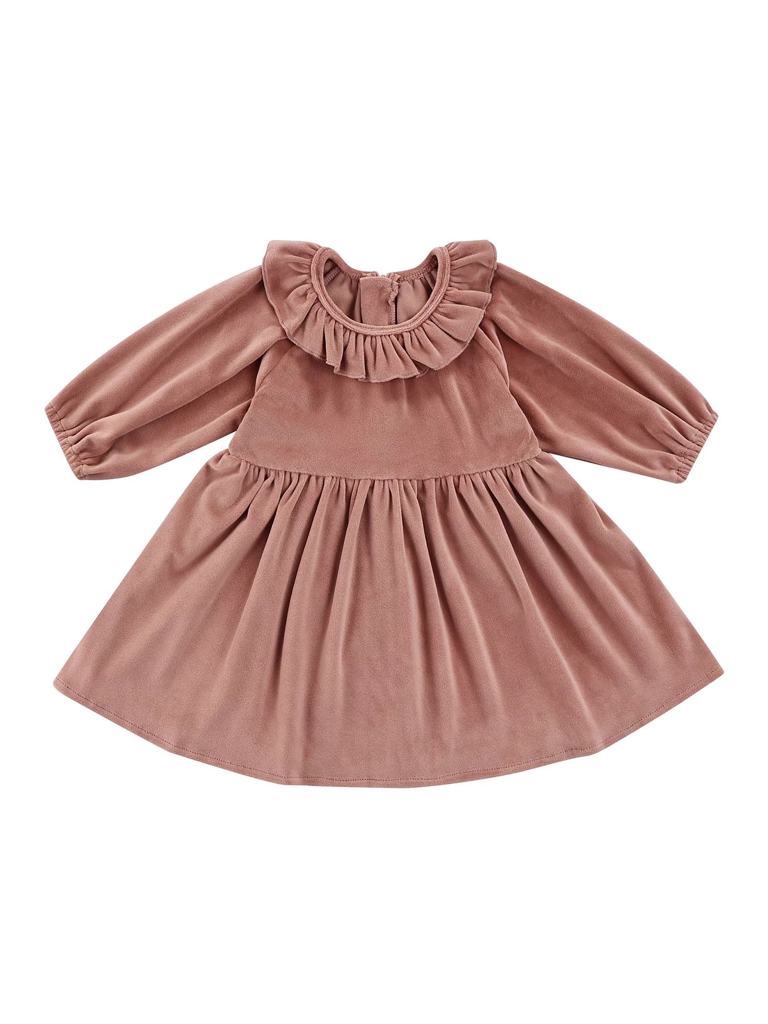 Kiapeise Toddler Baby Girls Casual Long Sleeve Dress Solid Color Ruffles Swing Velvet Dress | Walmart (US)