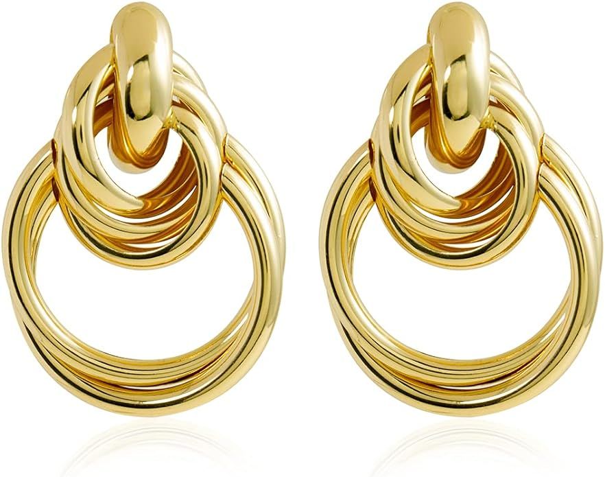 Gold Statement Earrings Large Hoop Thick Chunky 14K Gold Plated Earrings for Women Hypoallergenic... | Amazon (US)