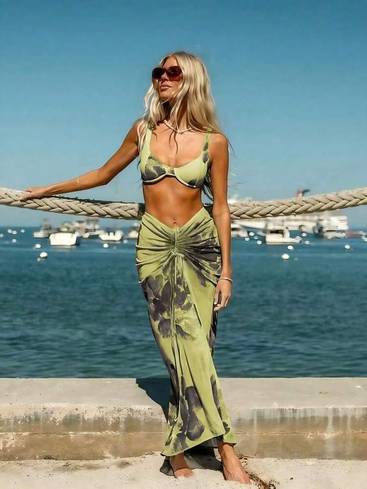 New Arrival Spring/Summer Ombre Green Printed Elegant Casual Beach Vacation Party Date Halter Maxi Dress Swimsuit Set | SHEIN