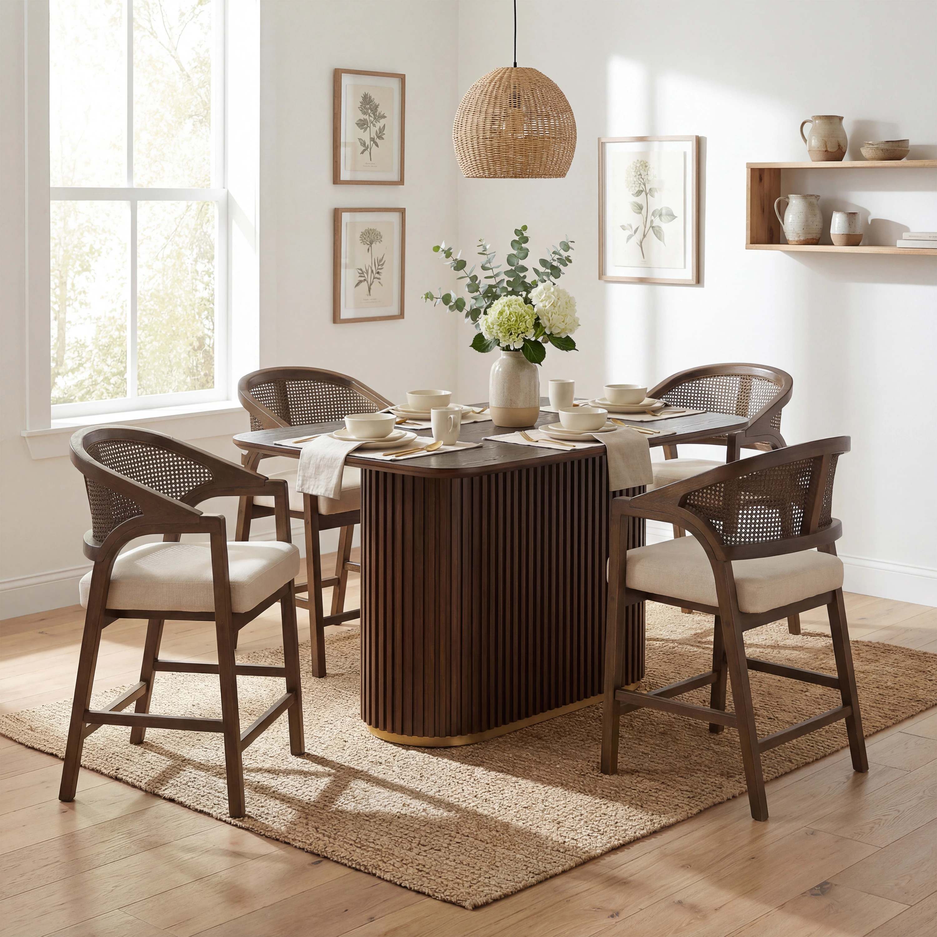 Christopher Knight Home Alma Mid-Century 5-Piece Dining Set with Rattan Back Counter Stools and 63.00-in Pedestal Counter Table - Walnut+Beige | Lowe's