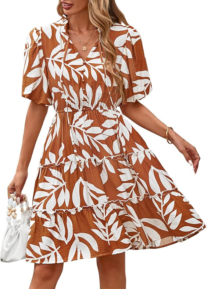 BTFBM Women Summer Floral Short Dresses V Neck Short Sleeve Tiered Ruffle Boho Swing Dress A-Line... | Amazon (US)