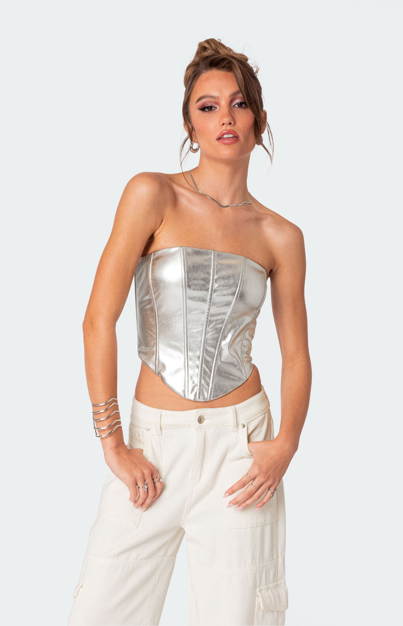 Edikted Women's Mabel Metallic Faux Leather Corset in Silver - Size Small | PacSun
