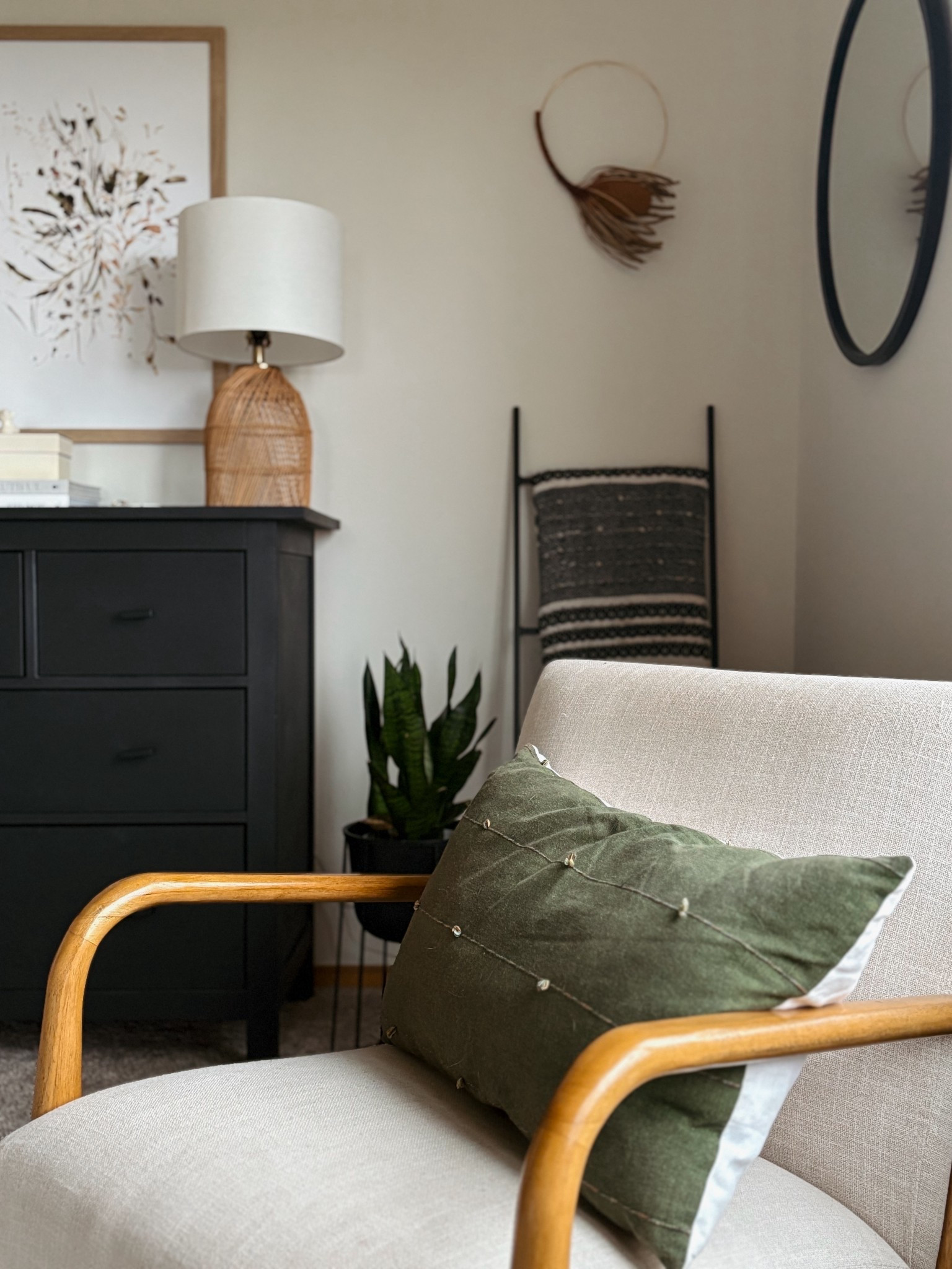 Cozy reading corner in my bedroom! Dark green works like a neutral and plays well with all the plants I added texture with the blanket lamp and woven pillow color. Earthy aesthetic 

#LTKHome #LTKSaleAlert