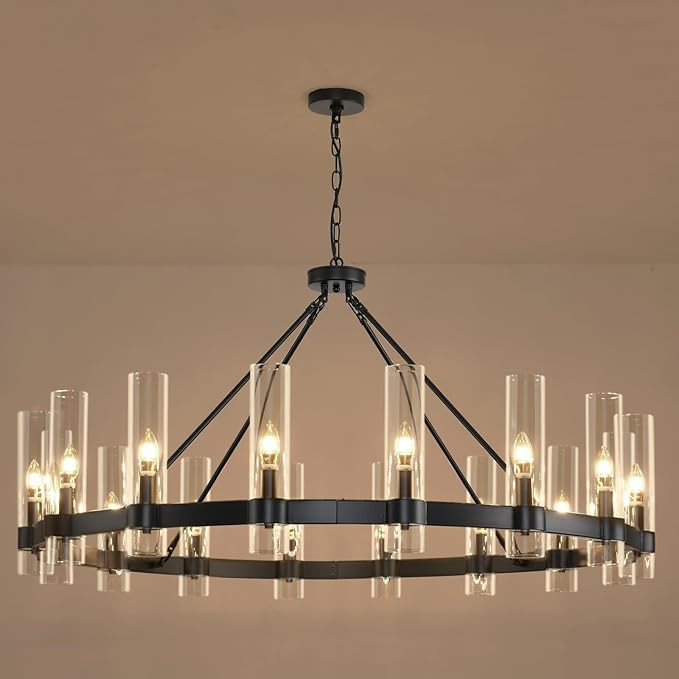 48 Inch Black Wagon Wheel Chandelier with Glass Shade, 16-Lights Black Farmhouse Chandeliers for ... | Amazon (US)