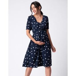 Navy & White Spot Print Tie Front Maternity to Nursing Dress | Seraphine 