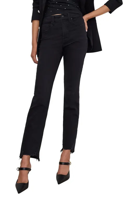 Good American Good Classic Chewed Hem Slim Straight Jeans in Black361 at Nordstrom, Size 14 | Nordstrom