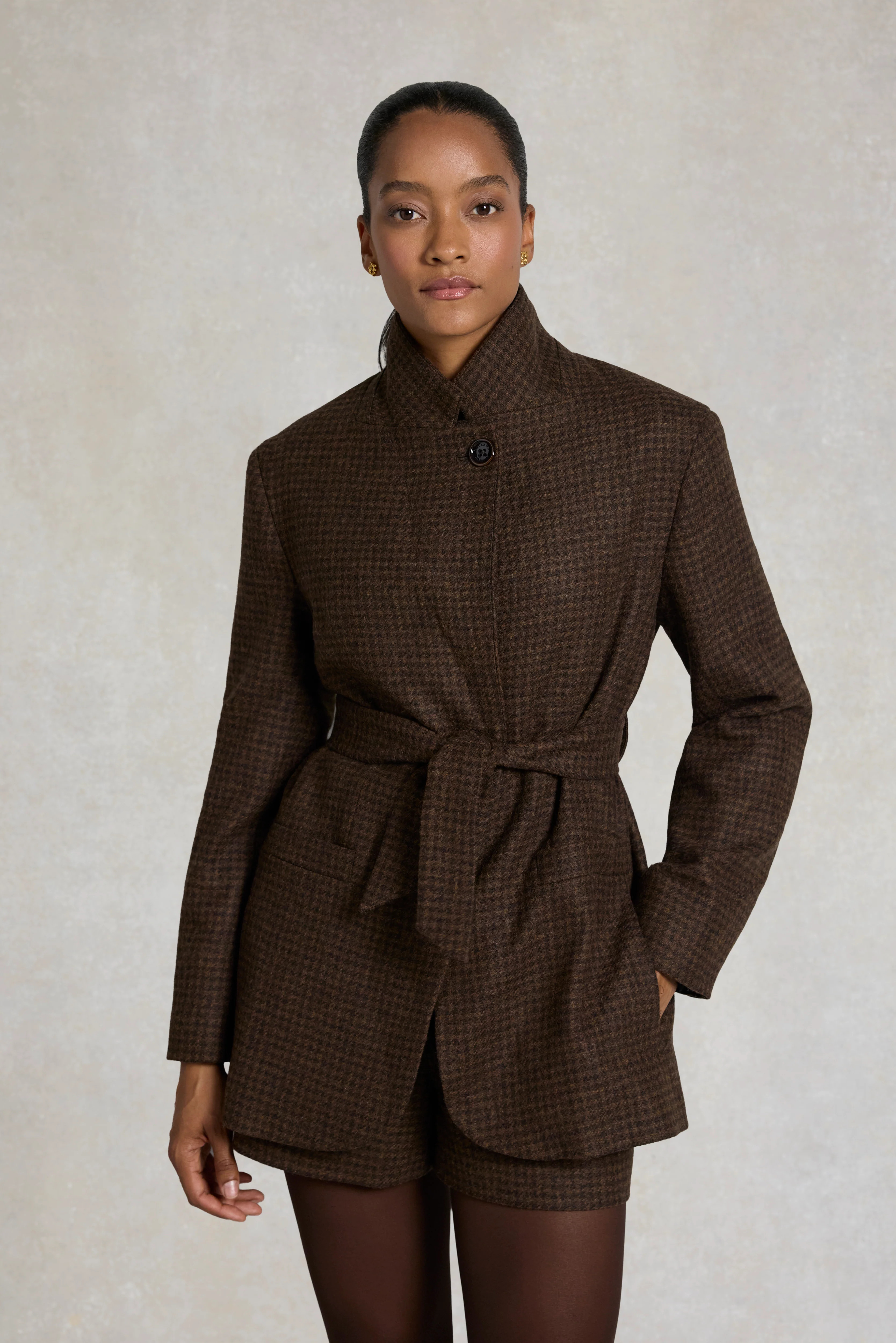 Richmond Belted Jacket (Mocha Houndstooth) | Holland Cooper
