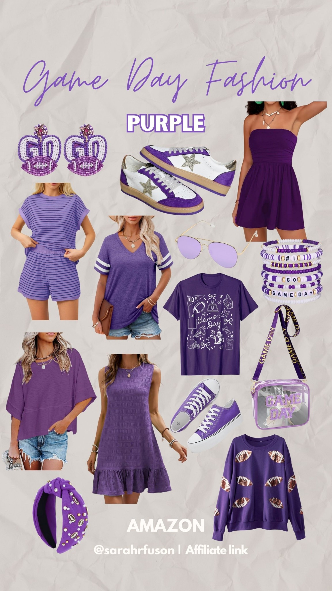 Purple game day outfits and accessories! 
•••
Game day outfit | game day fashion | purple game day fashion | outfit ideas 

#LTKFindsUnder50 #LTKSeasonal #LTKStyleTip