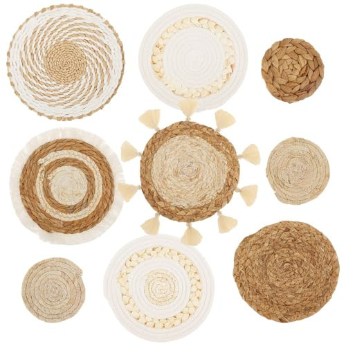 HJJWNDDNG 9 Pack Boho Wall Basket Decor Set, Hanging Woven Seagrass Rattan Wicker Boho Wall Decor, Round Farmhouse Wall Hanging Baskets Rustic Flat Wall Art for Living Room Bedroom Kitchen (Style 3) | Amazon (US)