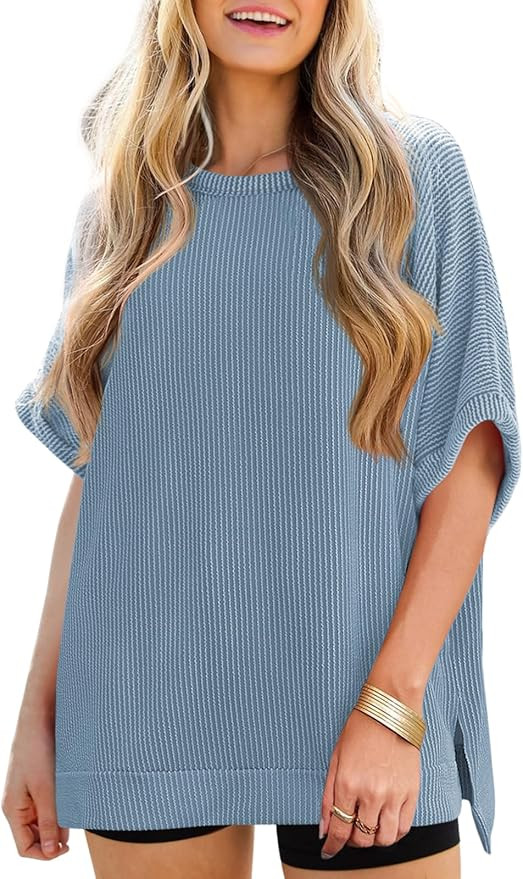 Tankaneo Womens Oversized T Shirts Summer Casual Ribbed Batwing Short Sleeve Tunic Tops Loose Fit... | Amazon (US)