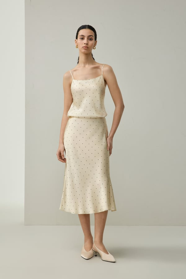 LILYSILK Women's Polka Dot Silk Skirt Bias-Cut Champagne Dot M | LILYSILK