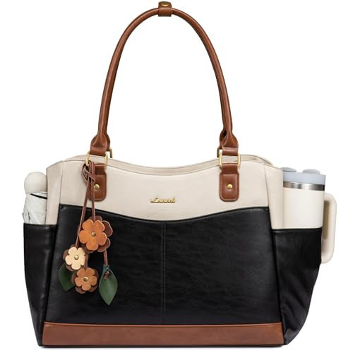 LOVEVOOK Laptop Bag for Women, 15.6inch Original Vintage Work Tote Bag Computer Office Teacher Bag with Large Cup Holder, Black-Beige-Brown | Amazon (US)