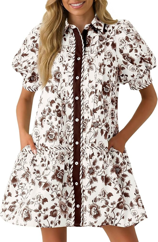 Wenrine Womens Mini Dress Summer Casual Short Puff Sleeve Floral Collared V Neck Loose Button Dow... | Amazon (US)
