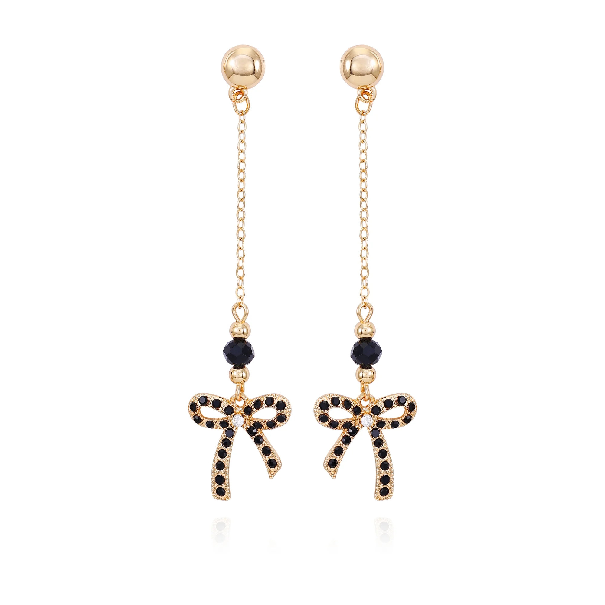 Time and Tru Women's Delicate Gold Tone Chain Drop Post Earring with Jet Stone Bow Drop Casting | Walmart (US)