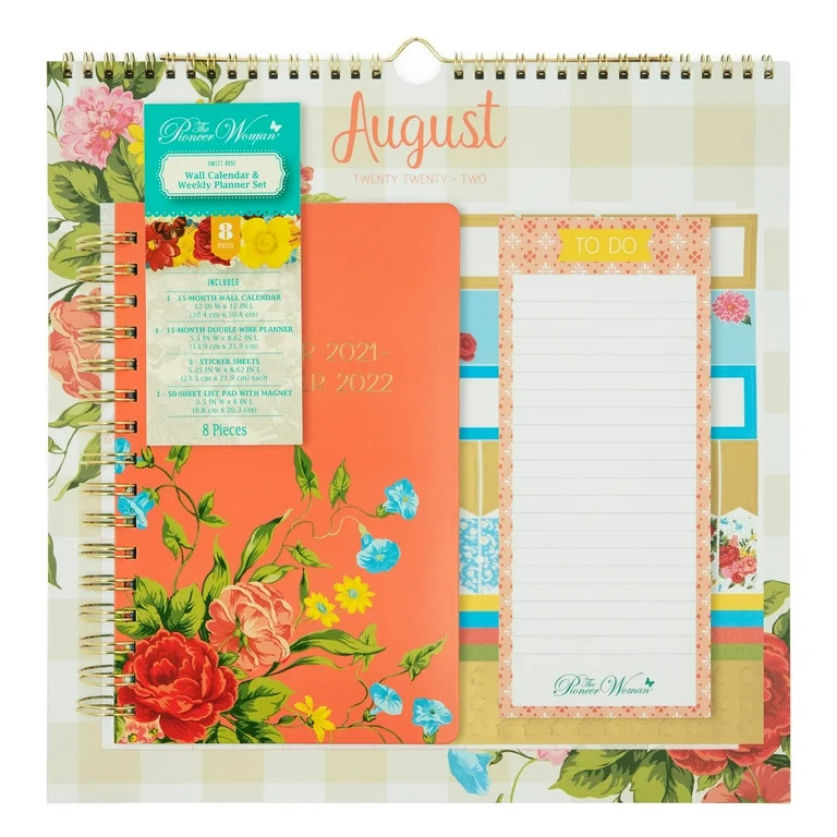 The Pioneer Woman Sweet Rose 8-Piece 2021-2022 Wall Calendar & Weekly Planner Set | Walmart (US)