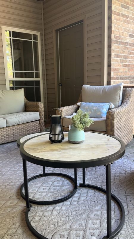 Patio furniture & decor we love!!! Excited to spend lots of time out here on the back patio. Got some adorable Serena & lily inspired pillows, an outdoor rug & love this Walmart patio set. Comes with a couch, nesting coffee tables, and two swivel chairs. The patio furniture goes in & out of stock so I’d grab it fast if it’s available!! 

#LTKhome #LTKVideo #LTKSeasonal