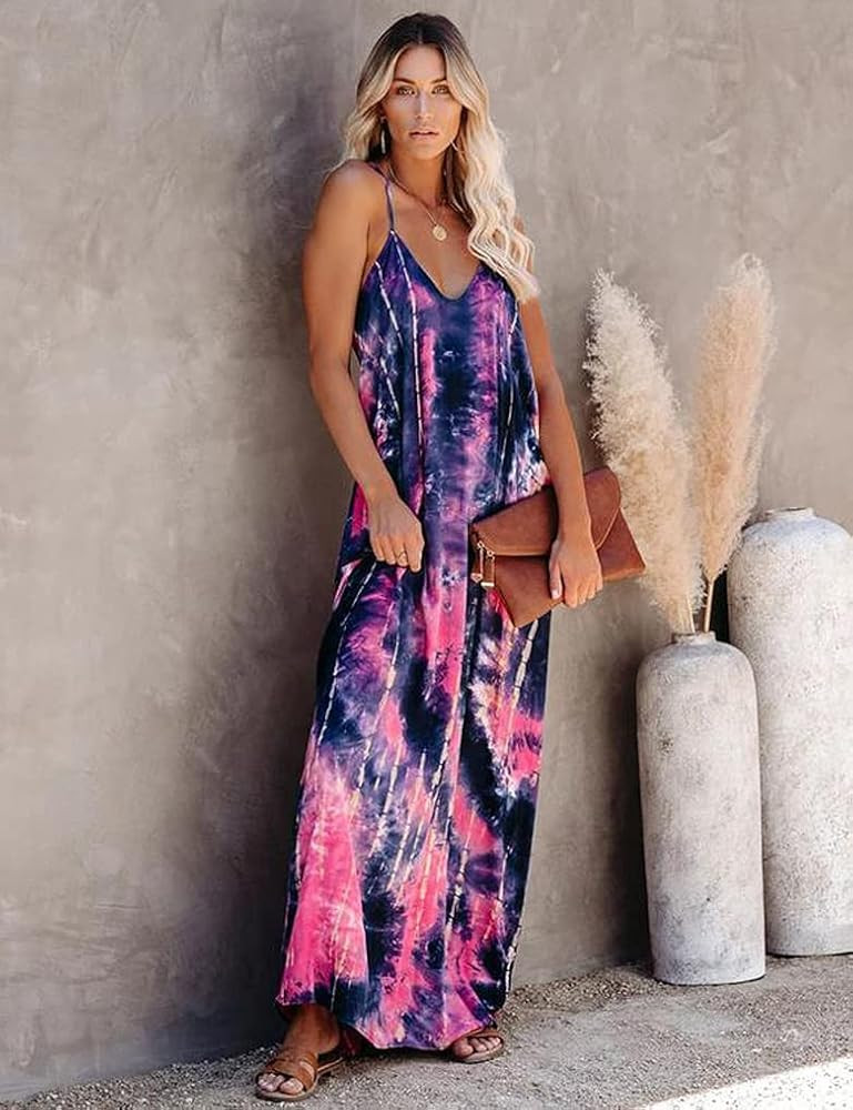 Poetsky Womens Casual Strappy V Neck Sleeveless Flowy Pockets Loose Long Maxi Beach Dress Sundress | Amazon (US)