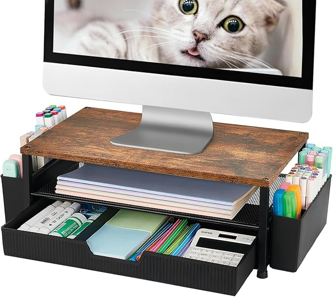 Desk Organizer and Accessories, 2-Tier Computer Monitor Stand Rise with Storage Drawer & 2 Pen Ho... | Amazon (US)