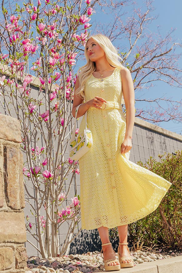 Romantic Muse Eyelet Midi Dress in Yellow | Impressions Online Boutique